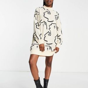ASOS Monki knitted beige mini dress with face print / size XXL